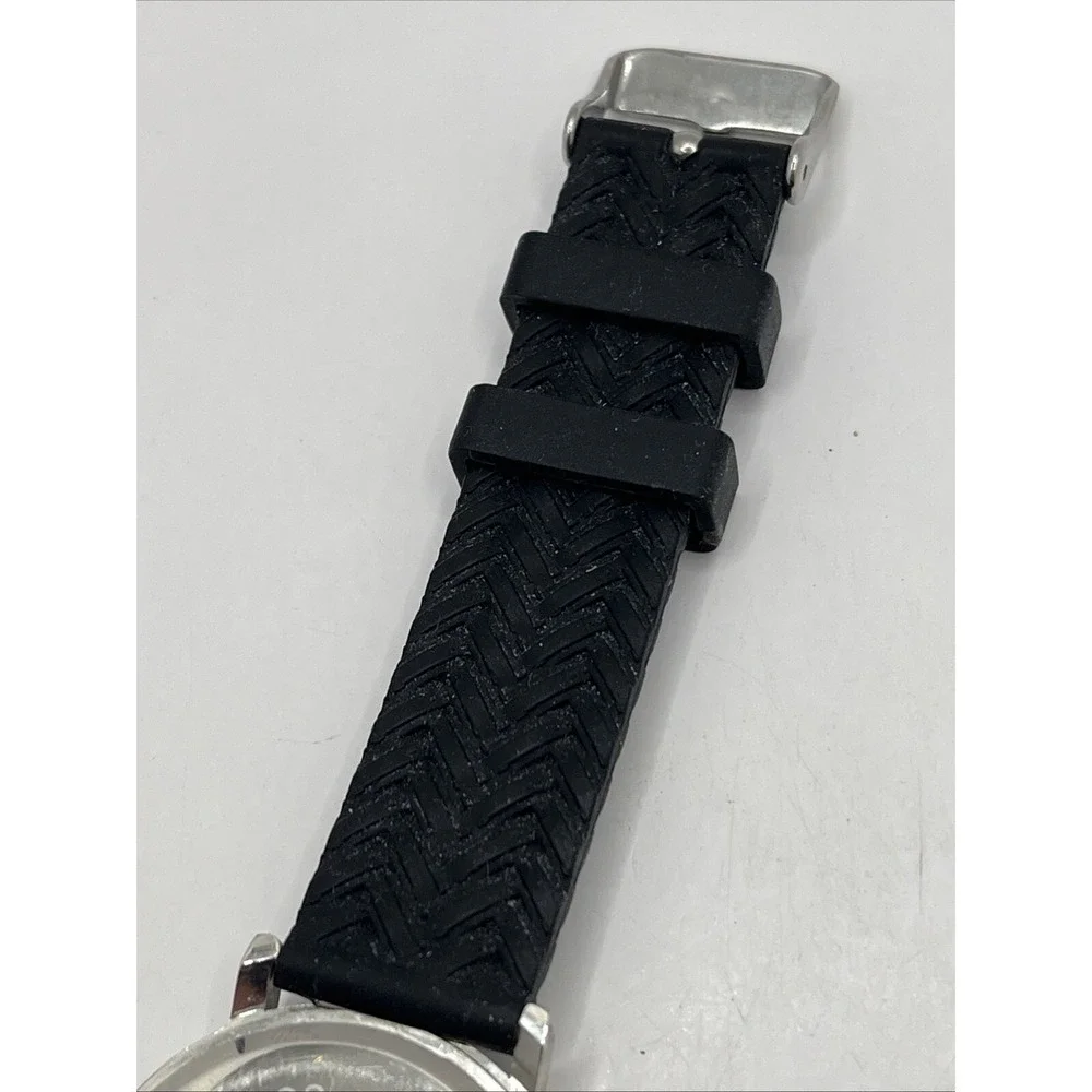 Women's Quartz Watch Black Textured Silicone Band Silver‎ 36mm Case- New Battery